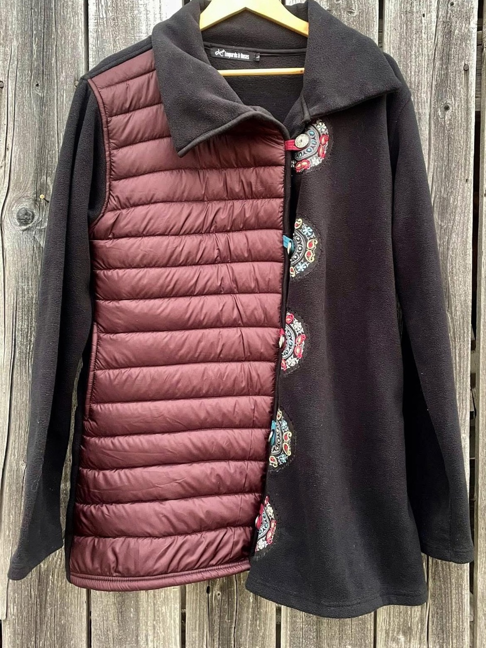 Leopard’s and Roses Two-Tone Quilted & Fleece Puffer Coat - Black & Burgundy